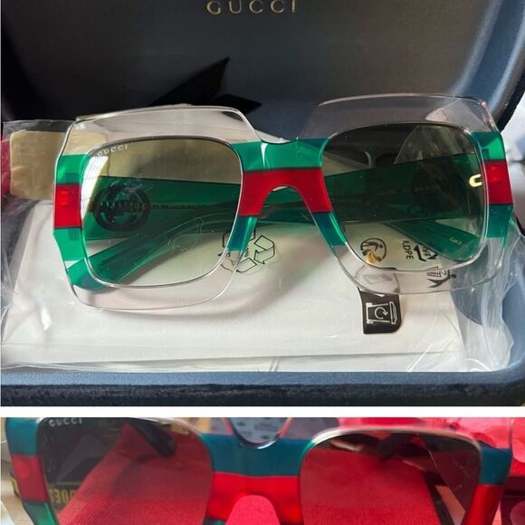 Brand new with box GUCCI 
Square Web Frame GG0178S Sunglasses Green Red - Picture 2 of 4